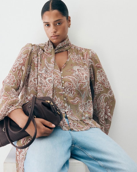 Mango Floral Tie Blouse