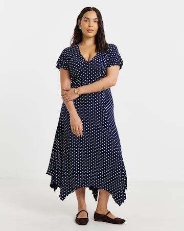 Navy Spot Flutter Sleeve Hanky Hem Midi Dress