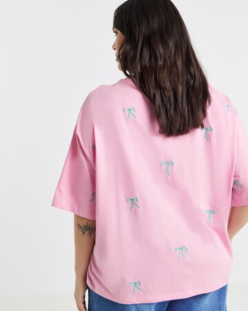 Simply Be Pink Bow All Over Embroidery T-Shirt