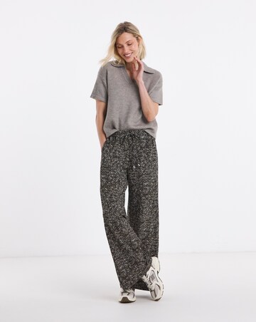 Khaki Print Textured Jersey Tie Waist Wide Leg Trouser