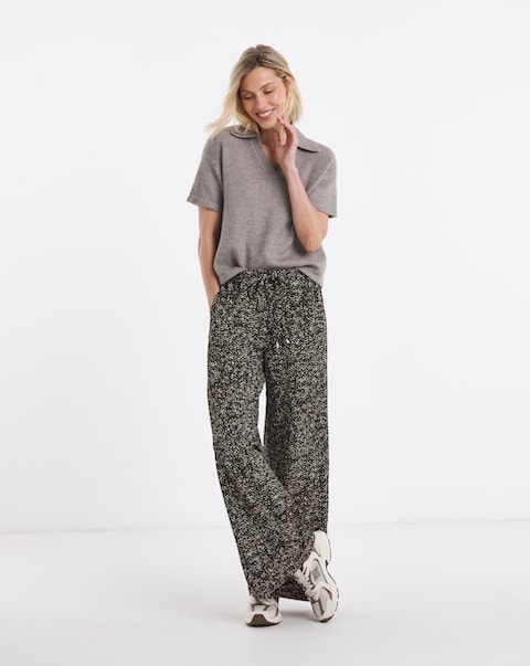 Khaki Print Textured Jersey Tie Waist Wide Leg Trouser