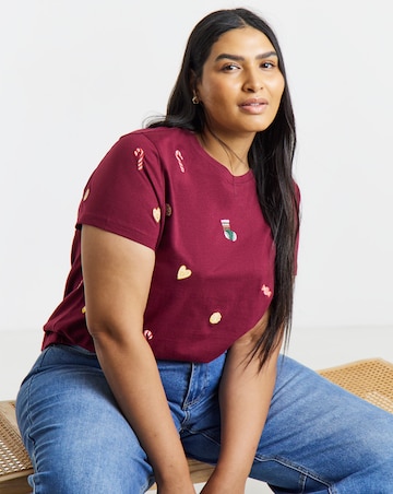 Simply Be Plum All Over Christmas Embroidery T-Shirt