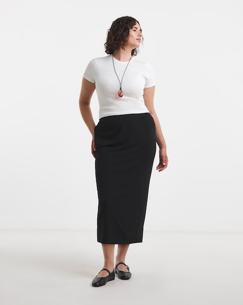 Black Jersey Tube Midi Skirt