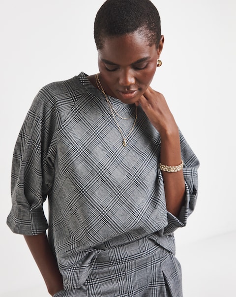 Grey Check Raglan Sleeve Top