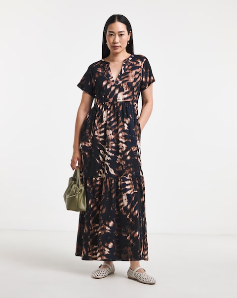 Notch Neck Printed Maxi Dress - Brown Abstract