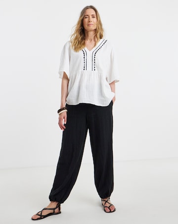 Trim Detail Pure Cotton Textured Short Sleeve Smock Top