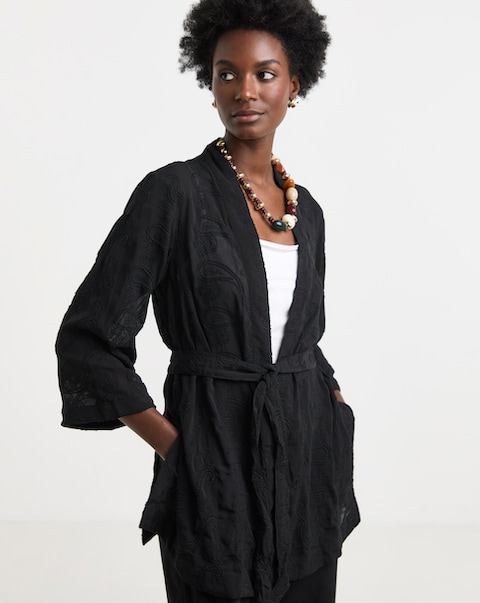 Black Embroidered Sheer Kimono