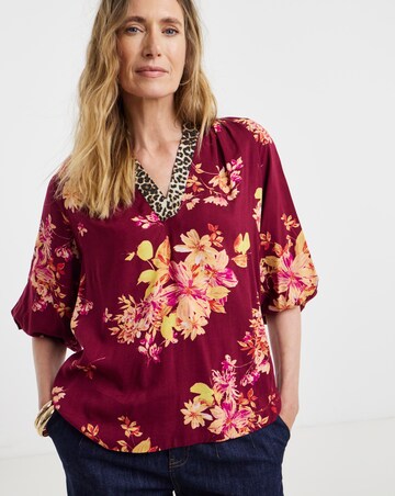 Burgundy Floral Contrast Print Collarless Puff Sleeve Top