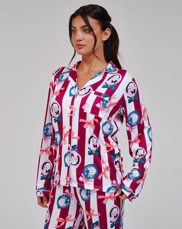 Loungeable Christmas Cat Stripe Super Soft Long Sleeve Button Through Pyjama Set