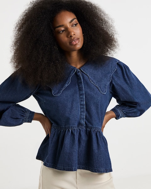 Simply Be Mid Blue Denim Scalloped Collar Peplum Blouse