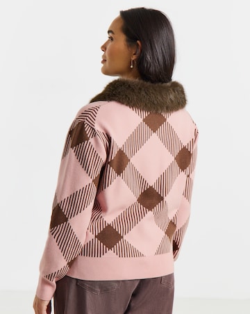 Fur Collar Checked Cardigan