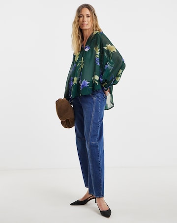 Green Floral Blouson Sleeve Georgette Blouse