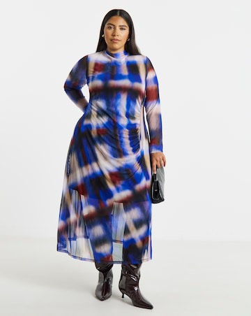 Check Print Ruched Mesh Midi Dress