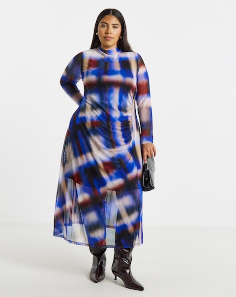 Check Print Ruched Mesh Midi Dress