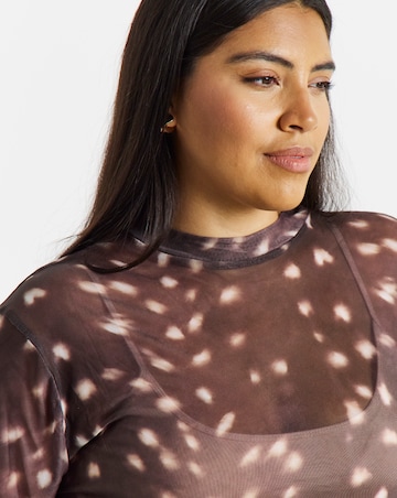Brown Deer Print High Neck Mesh Top