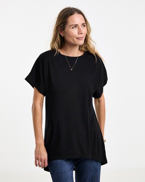 Black Crew Neck Grown On Sleeve Longline Dipped Back Top