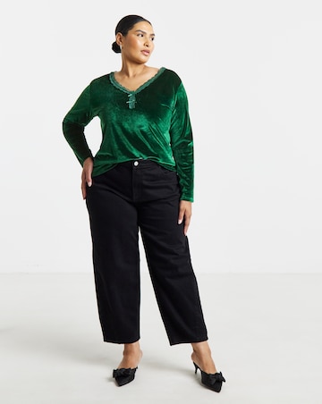 Simply Be Green Velvet Lace Trim Top