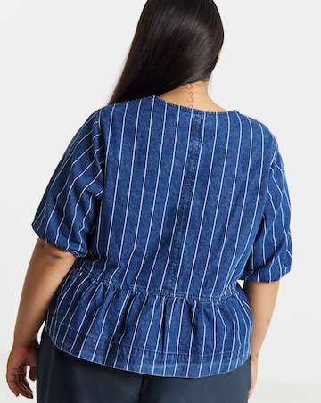 Simply Be Striped Blue Tie Front Denim Peplum Blouse