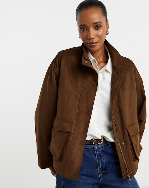 Tan Suedette Funnel Neck Jacket