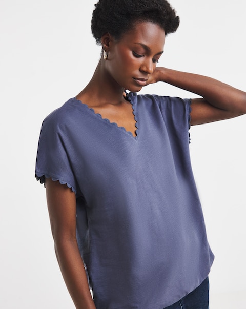 Blue Scallop V Neck Bubble Hem Top