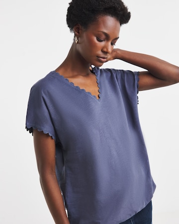 Blue Scallop V Neck Bubble Hem Top