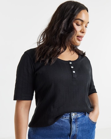 Simply Be Black Pointelle Ribbed Henley Top