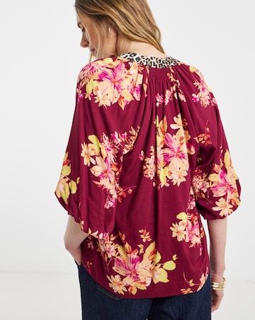 Burgundy Floral Contrast Print Collarless Puff Sleeve Top