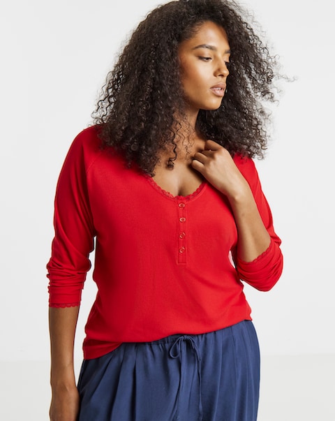 Simply Be Red Ribbed Lace Long Sleeve Henley Top