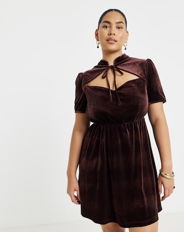 Simply Be Chocolate Velour Cutout Tie Neck Skater Dress