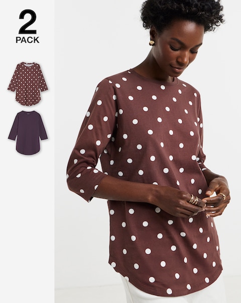 Chocolate Spot And Plum 2 Pack Curved Hem 3/4 Sleeve  Longline Top