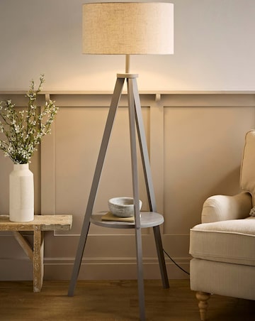 ValueLights Morrigan Grey Wood Tripod Floor Lamp with Shelf