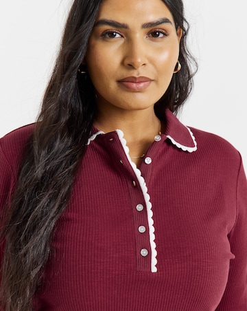 Simply Be Burgundy Contrast Scallop Trim Long Sleeve Polo Top