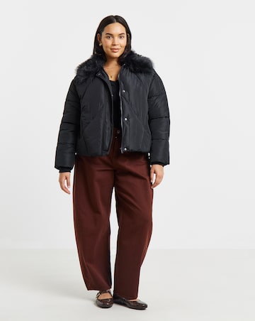 Black Faux Fur Collar Short Padded Coat