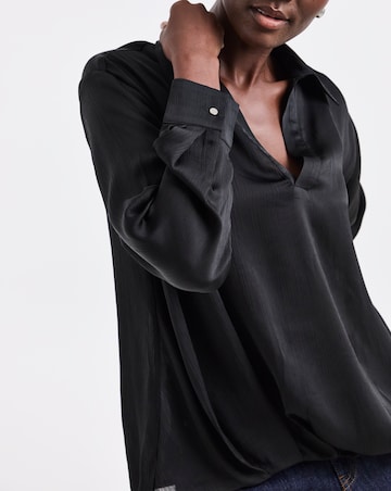 Black Satin Collar Detail Bubble Hem Blouse