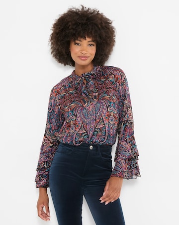 Joe Browns Boho Print Tie Neck Blouse With Ruffle Sleeve Detail