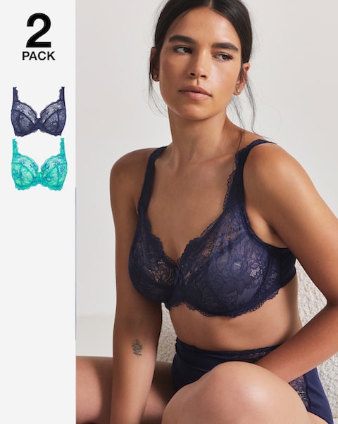 Pretty Secrets (2 Pack) Ella Lace Full Cup Wired Bras (B-H) Aqua/Blue