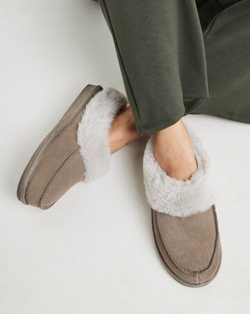 Capri Full Suede Faux Fur Trim Slippers - Wide Fit (E)