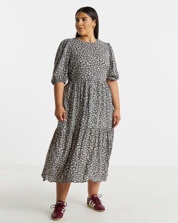 Mono Ditsy Print Tiered Midi Dress