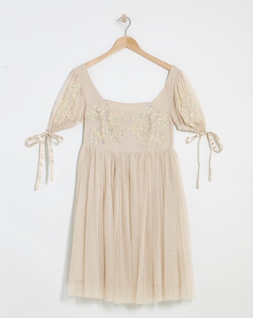 Maya Curve Puff Sleeve Glitter Embroidered Tulle Mini Dress