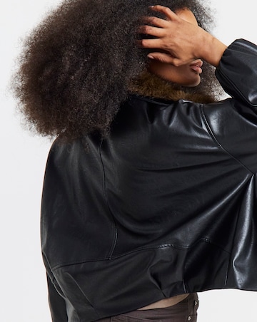 Black Faux Leather Quilted Jacket With Detachable Fur Collar