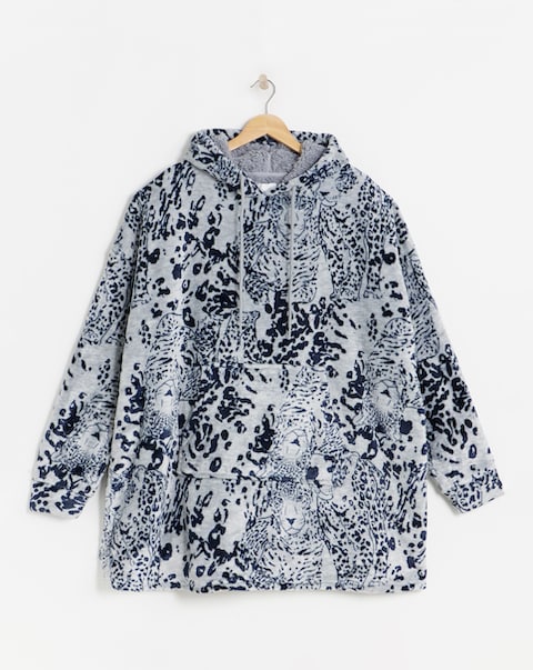 Oversized Leopard Print Fleece Hooded Lounge Dress