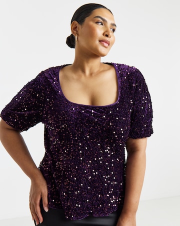 Simply Be Plum Velvet Square Neck Puff Sleeve Top