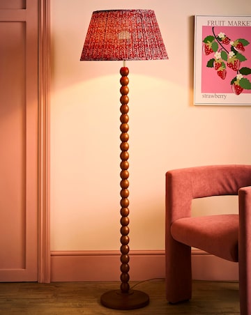 ValueLights Bobble Walnut Floor Lamp with Burgundy Floral Pleated Shade