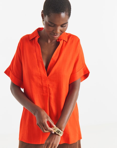 Collar Detail Short Sleeve Linen Mix Tunic