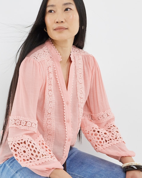 Lace Trim Button Through Prairie Blouse