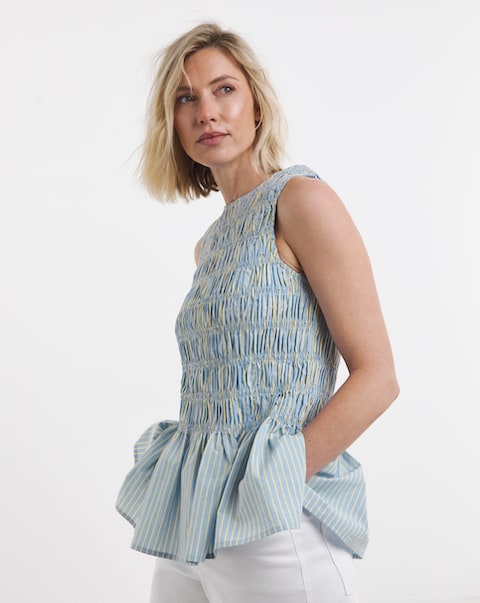 Stripe Shirred Sleeveless Peplum Top