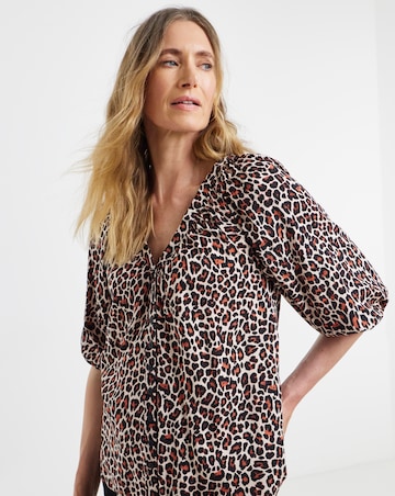 Animal Print Collarless Button Through Blouse