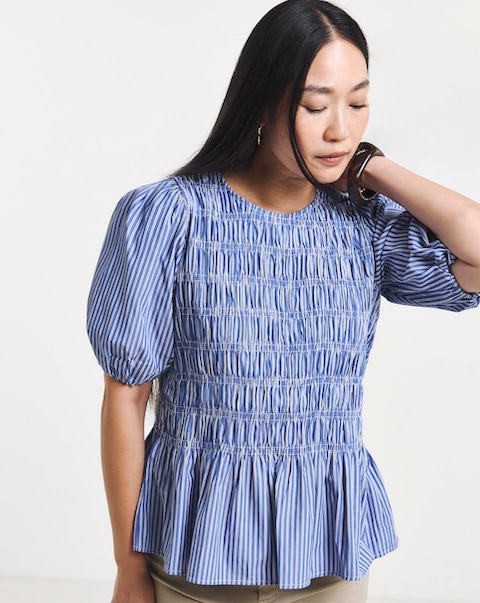 Navy Shirred Peplum Stripe Crew Neck Blouse