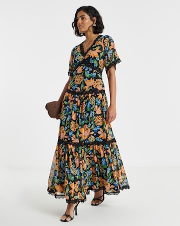 Simply Be Floral Print Short Sleeve Lace Detail Ladder Trim Maxi Dress