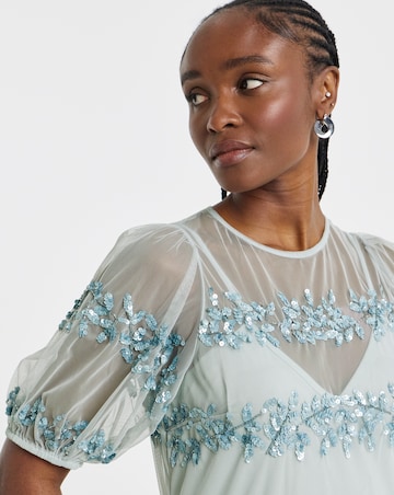 Maya Curve Puff Sleeve Stripe Sequin Embellished Tulle Midi Dress